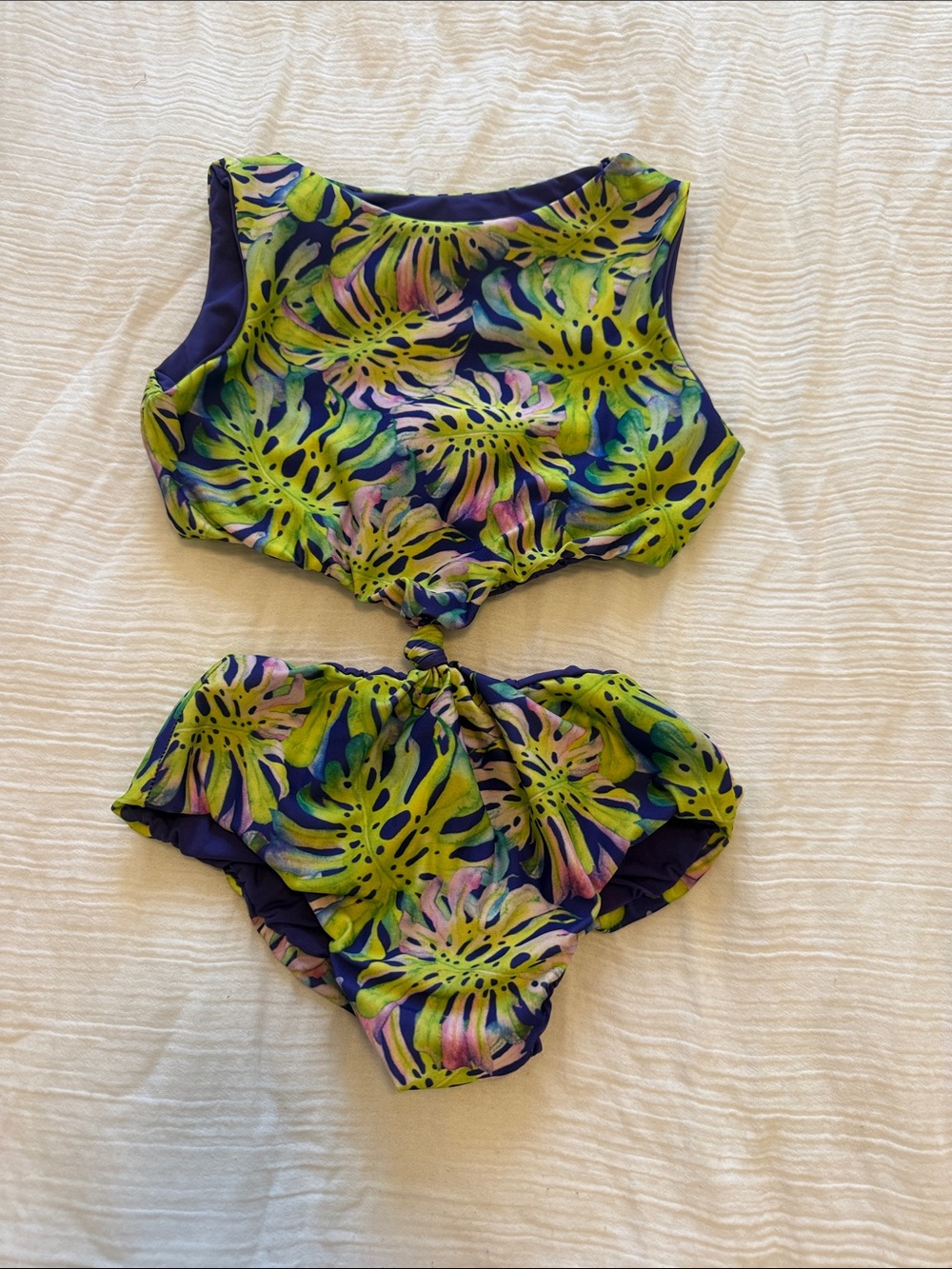 Girls size 7 reversible Tropical Print Two-Piece Swim Set - Lime & Navy